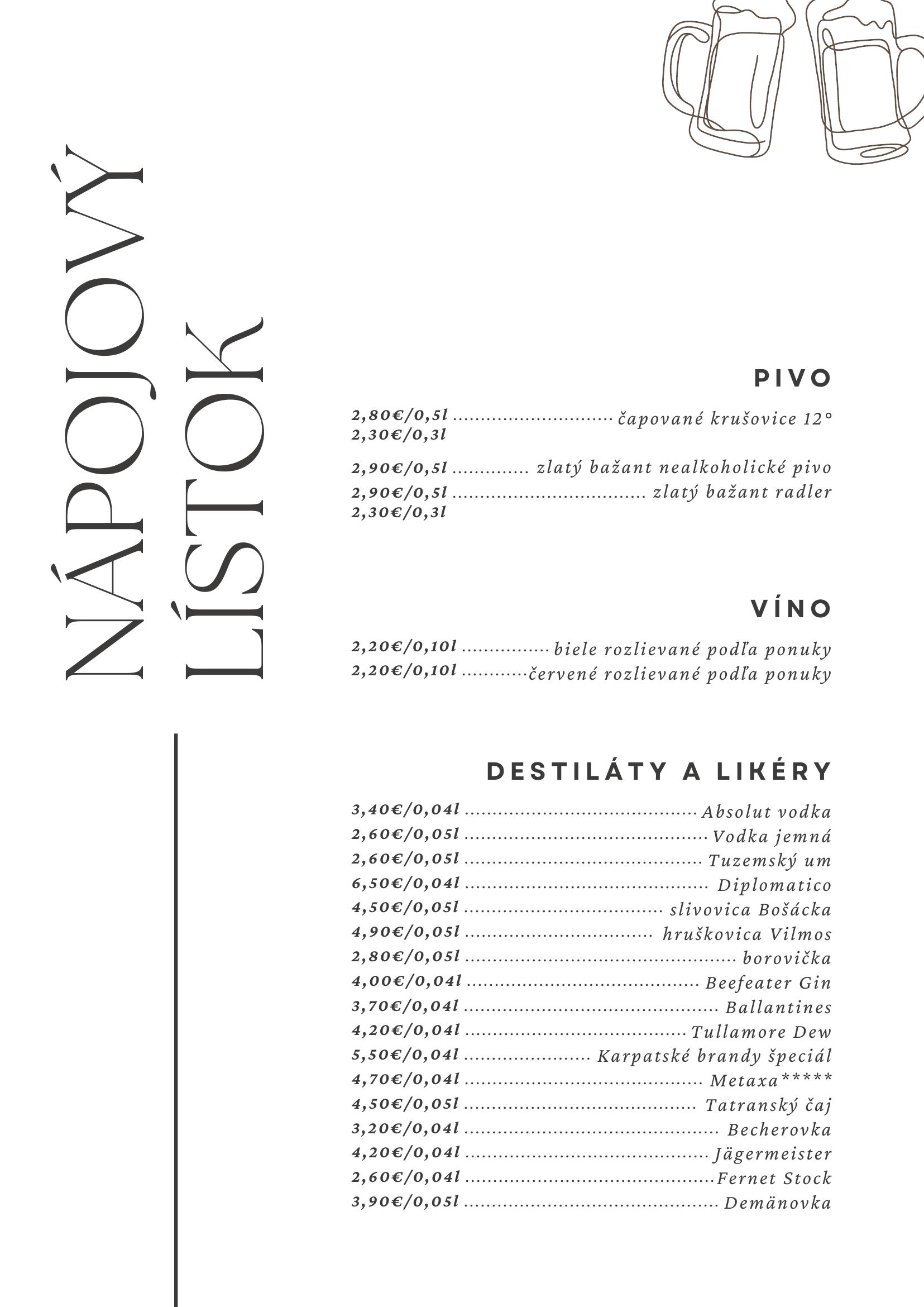 Nápojový lístok — pivo, víno, destiláty